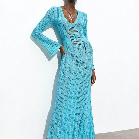 Blue Elegant Women's Season Hollow-Out Crochet Knit Dress - Picture 4 of 8